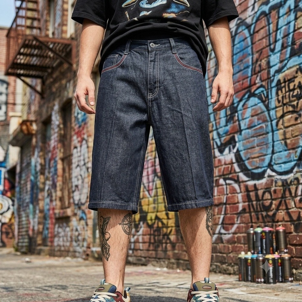Vintage Southpole Denim Shorts Mens 36 Black Tribal Embroidered Y2K Baggy Fit